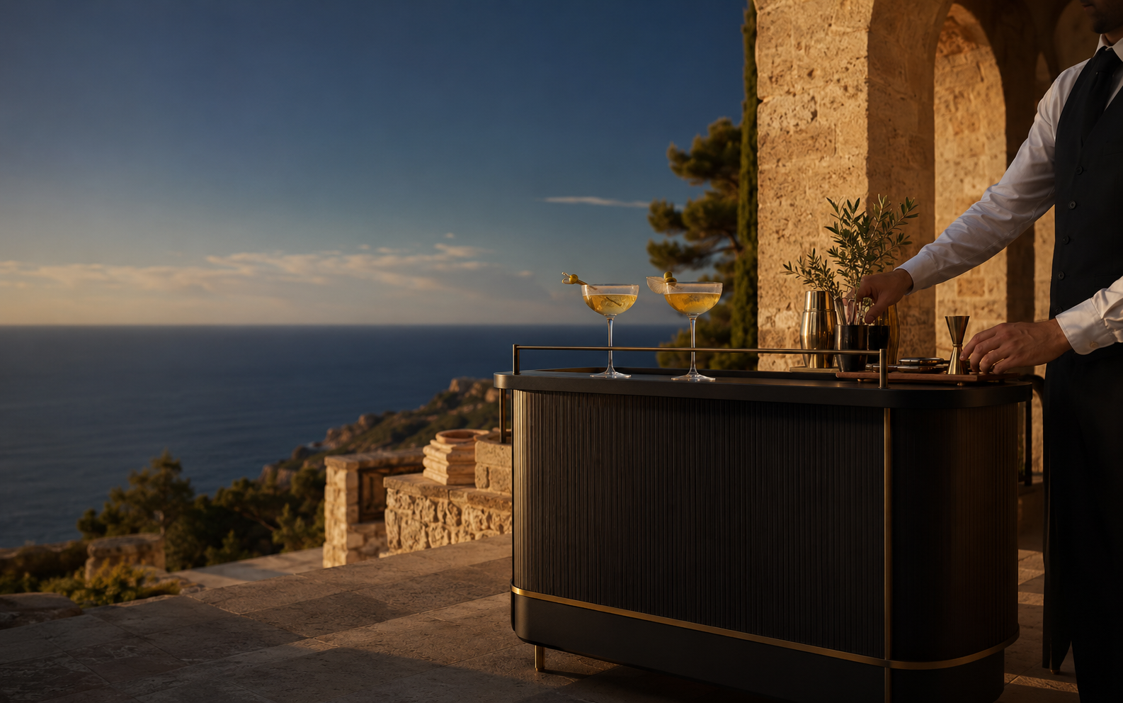 Luxury mobile cocktail bar overlooking the Mallorca coast