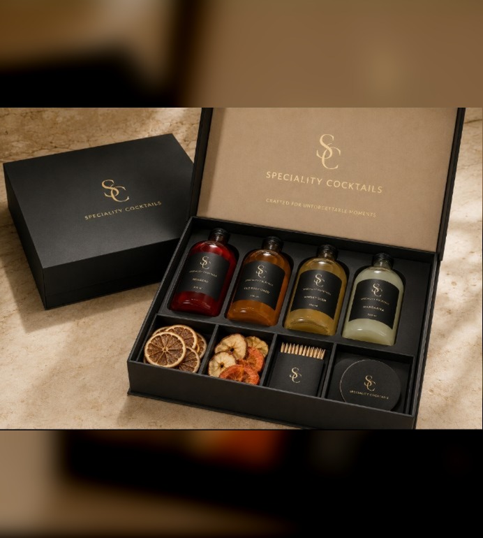 The Box by Speciality Cocktails with four bottled cocktails, garnishes and serving accessories